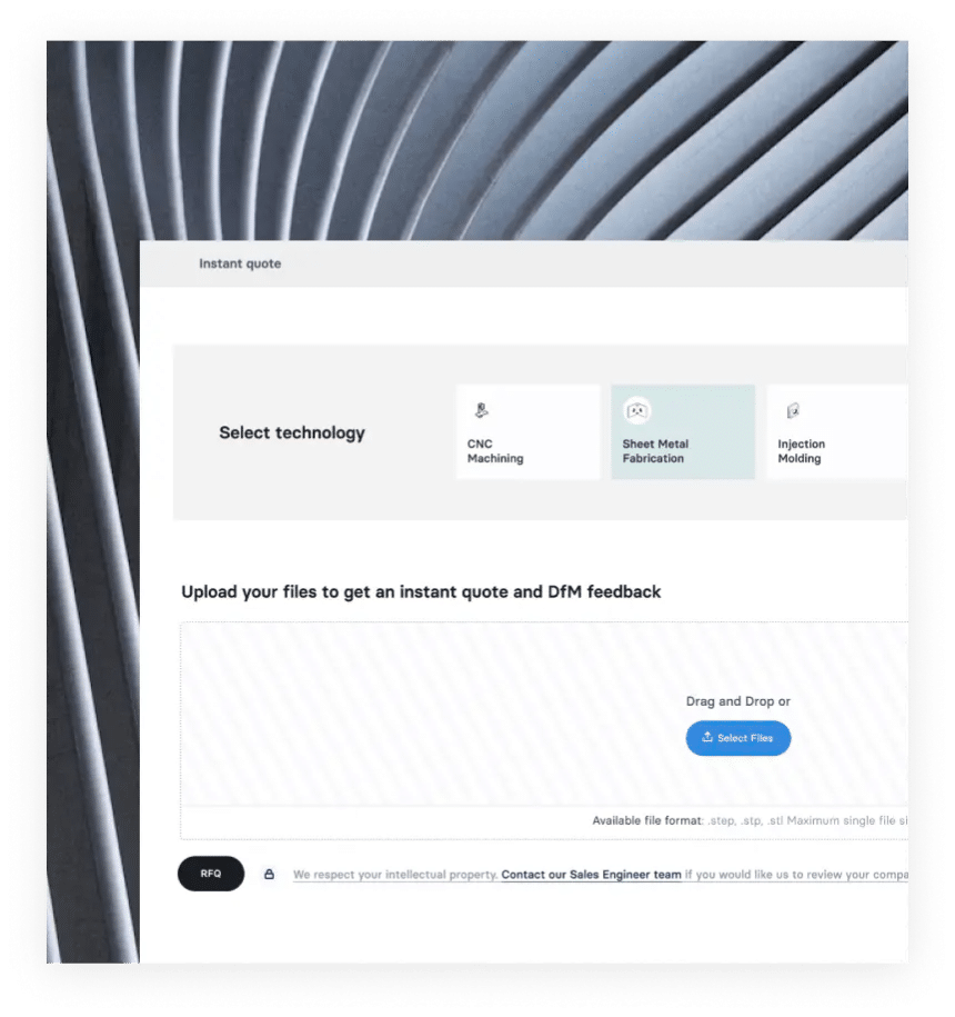 Instant quote page with file upload option.
