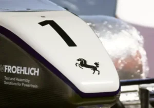 Race car nose with number one and horse logo.