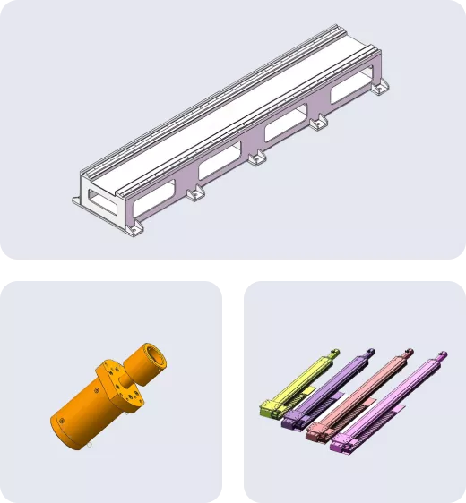 3D models of mechanical components in various colors.