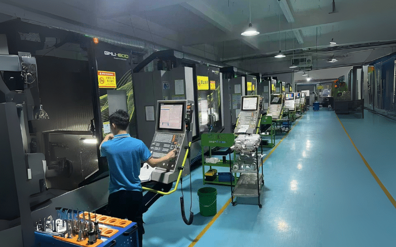 Operator works on industrial CNC machines in factory.