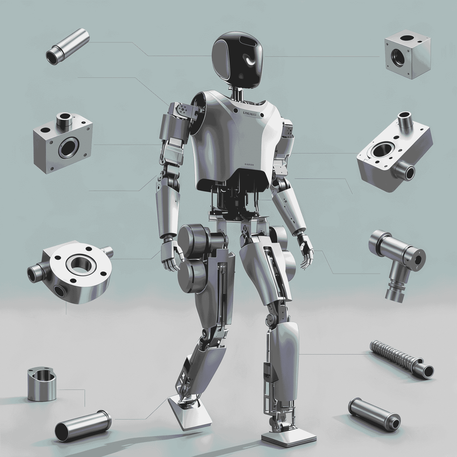 Futuristic humanoid robot with disassembled parts