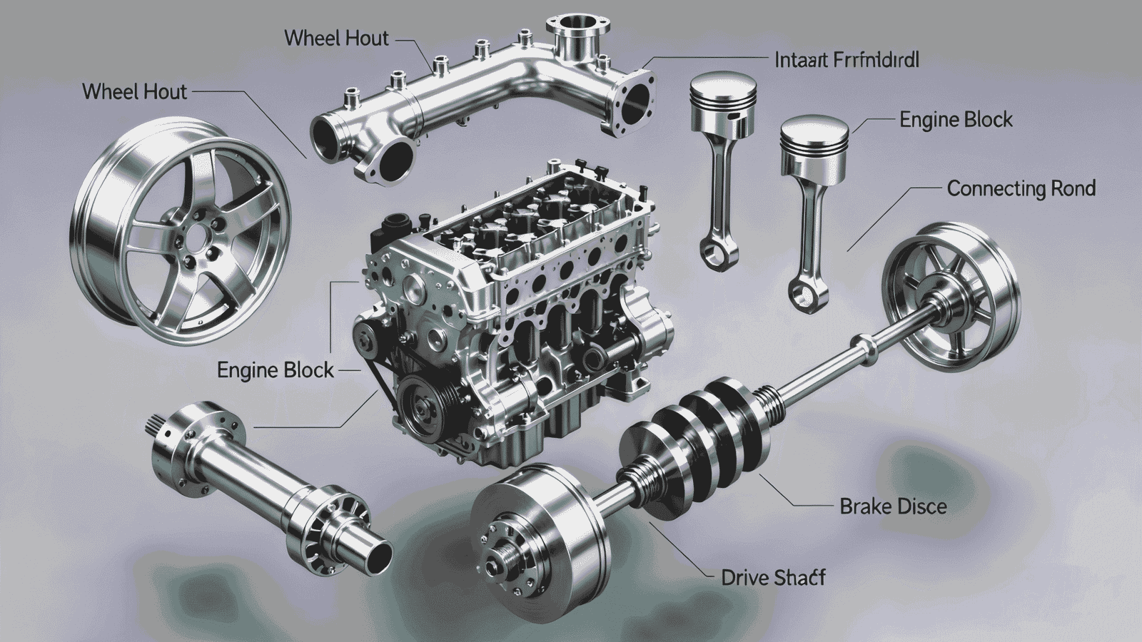 Exploded view of car engine components.